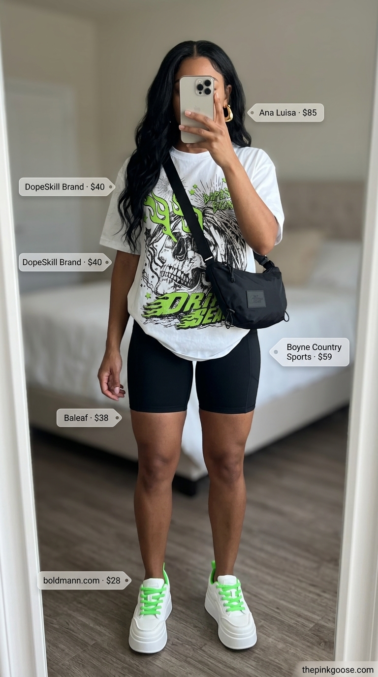 Biker shorts with oversized tee outfits summer for women 2026: Black biker shorts, white graphic tee, chunky sneakers, gold hoops.