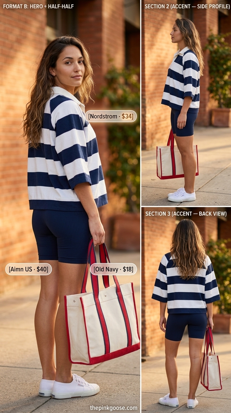 Varsity Summer Prep outfit: Navy biker shorts, white striped oversized polo, red tote, white sneakers. Biker shorts with oversized tee outfits summer 2026.