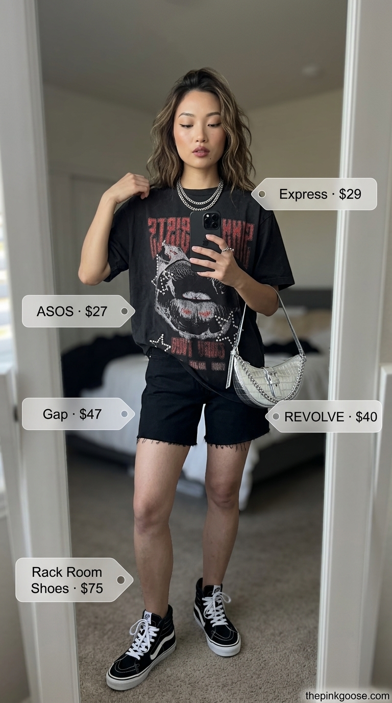 Edgy biker shorts with oversized tee outfits summer for women 2026: Washed black denim biker shorts, band tee, silver chains.