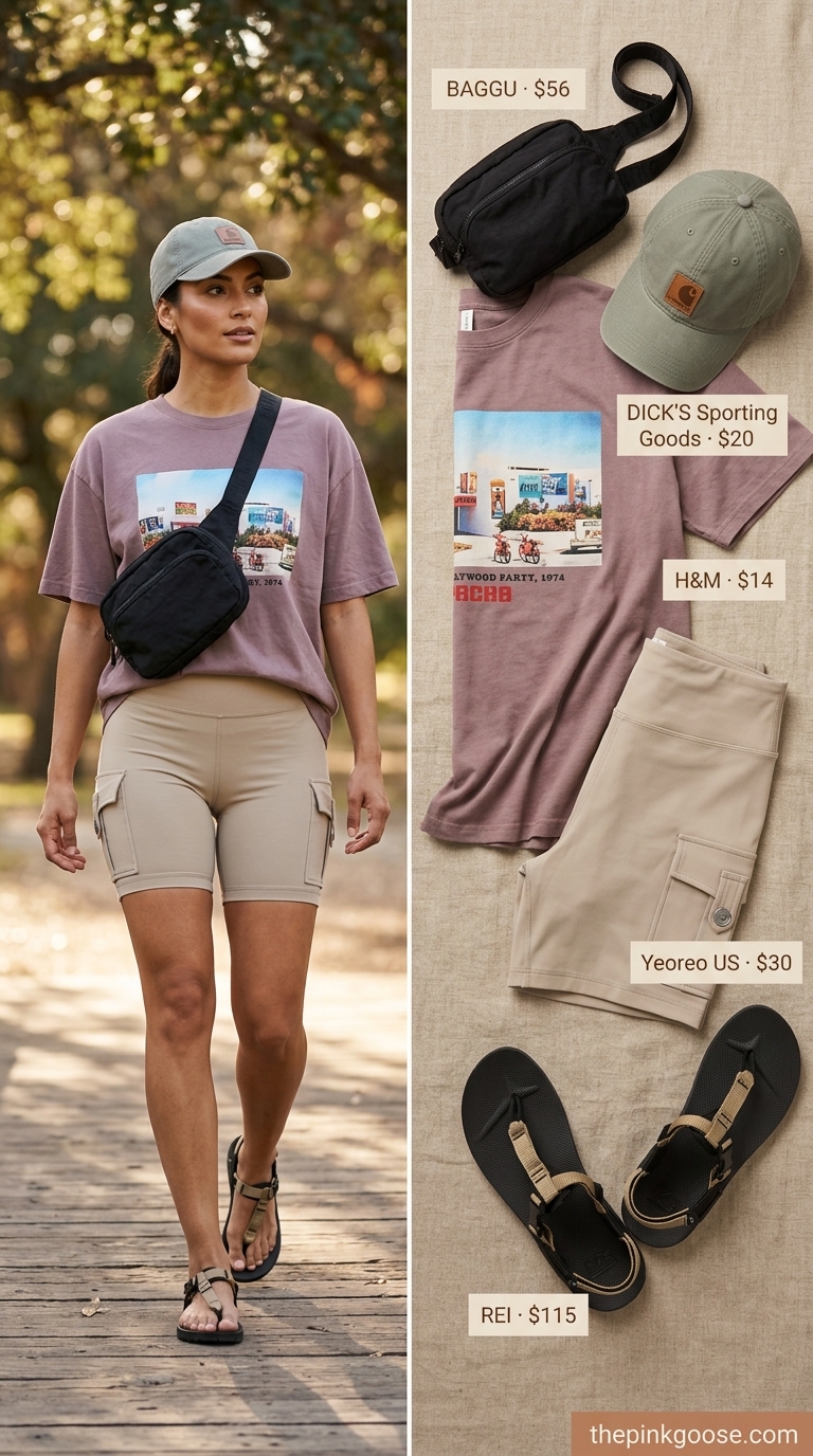 Weekend Retreat Ready: Khaki biker shorts, ivory oversized graphic tee, hiking sandals. Biker shorts with oversized tee outfits summer 2026.