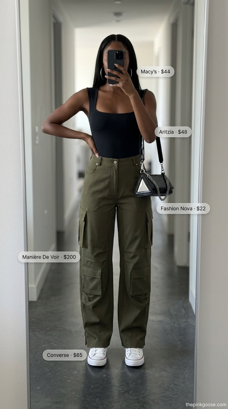 Olive green cargo pants outfit for black women in 2026. Edgy urban style for city exploration.