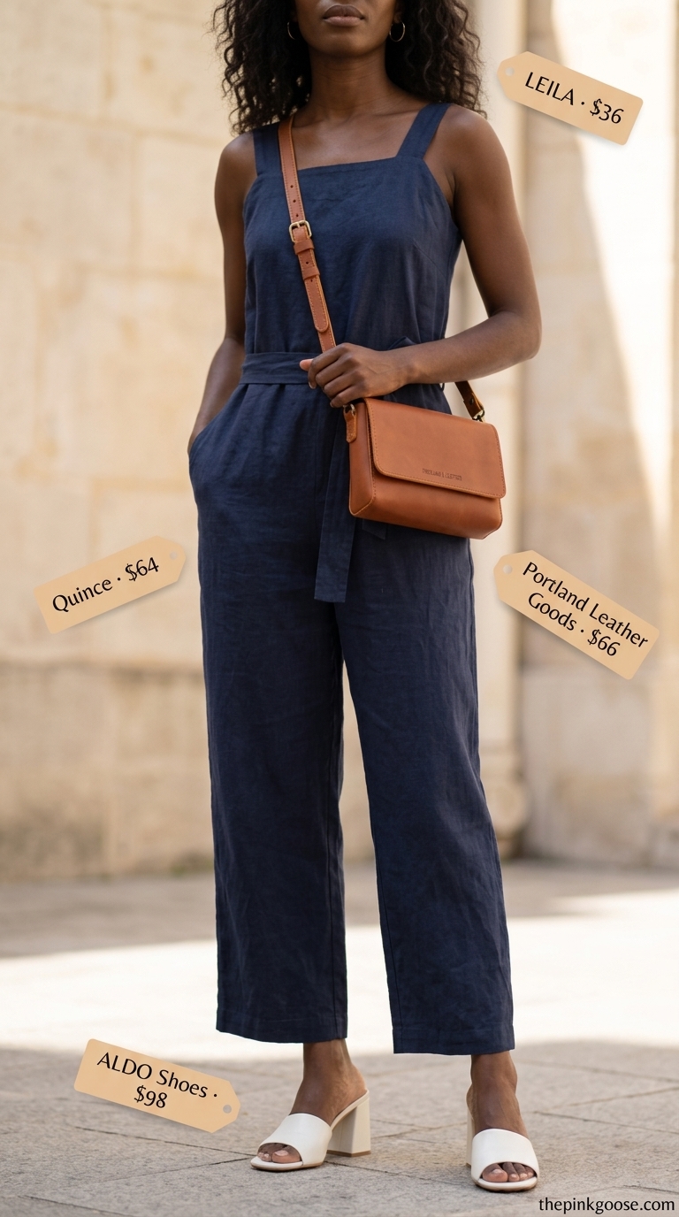 Bold summer outfits for black woman 2026: Chic navy utility jumpsuit with white mules and tan crossbody bag.
