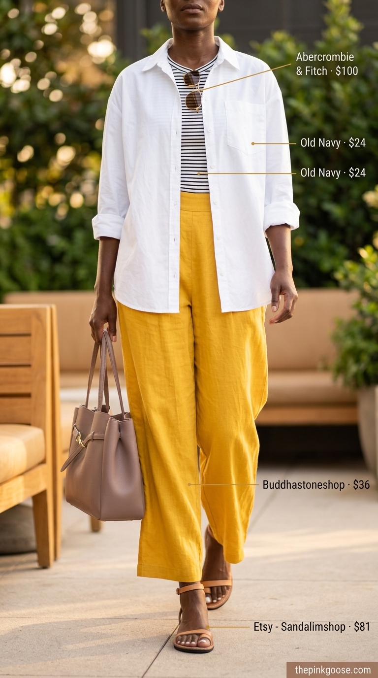 Bold summer outfits for black woman 2026: Bright yellow wide-leg pants with white shirt, tan tote, and aviator sunglasses.