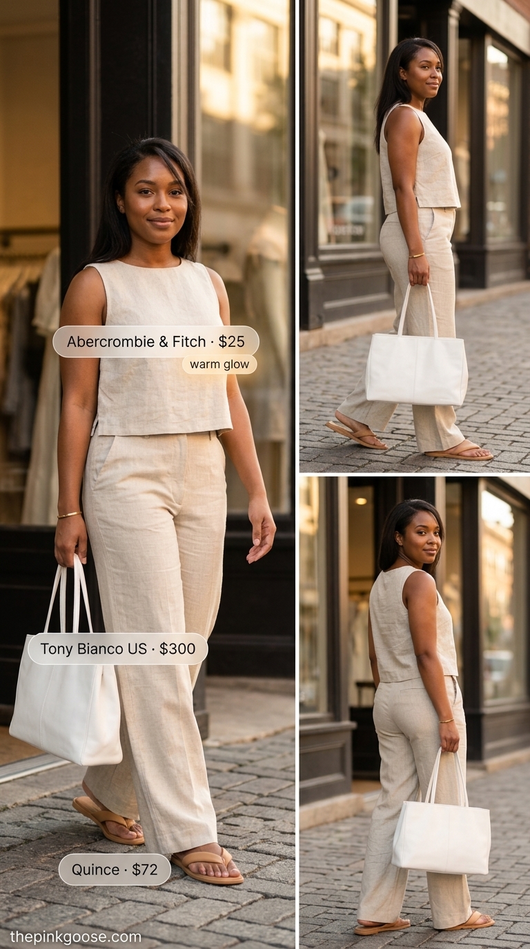 Bold summer outfits for black woman 2026: Relaxed beige linen trousers and white top with tan sandals and structured tote.