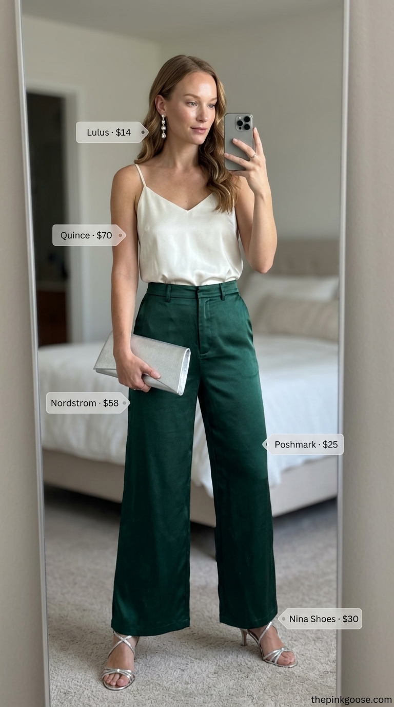 Emerald green wide-leg pants outfit for black women in 2026. Sophisticated for evening events.