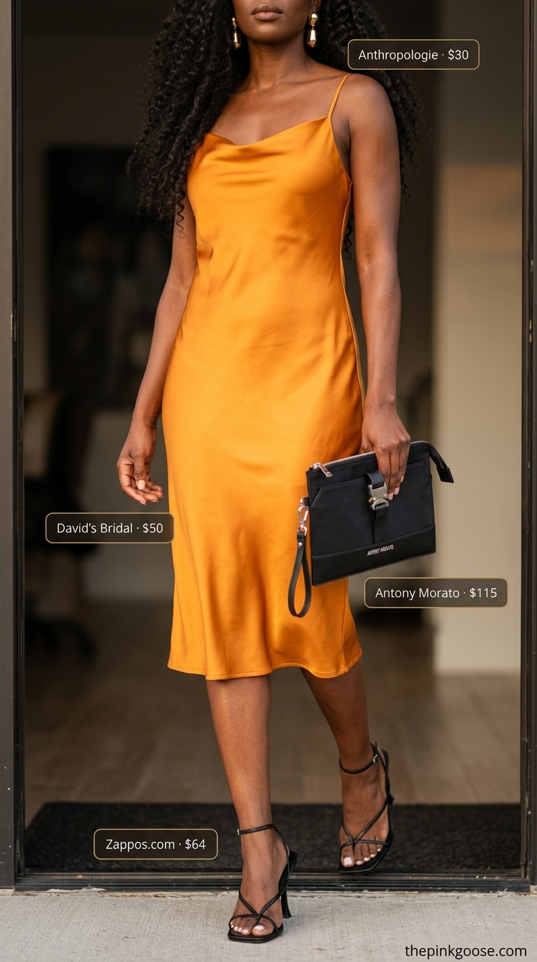 Bold summer outfits for black woman 2026: Vibrant marigold orange satin slip dress with gold earrings and black clutch.