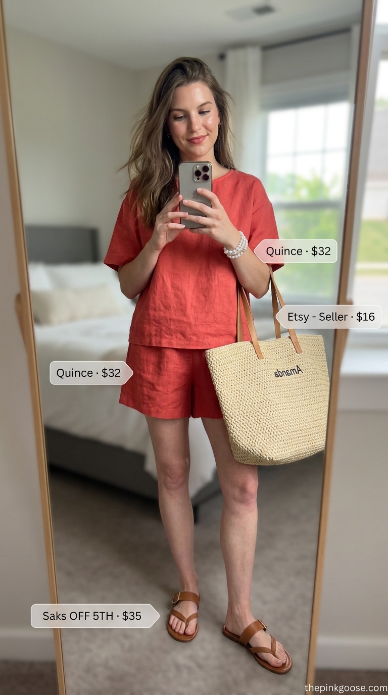 Vibrant coral linen shorts set for black women in 2026. Relaxed and chic for beach vacation.