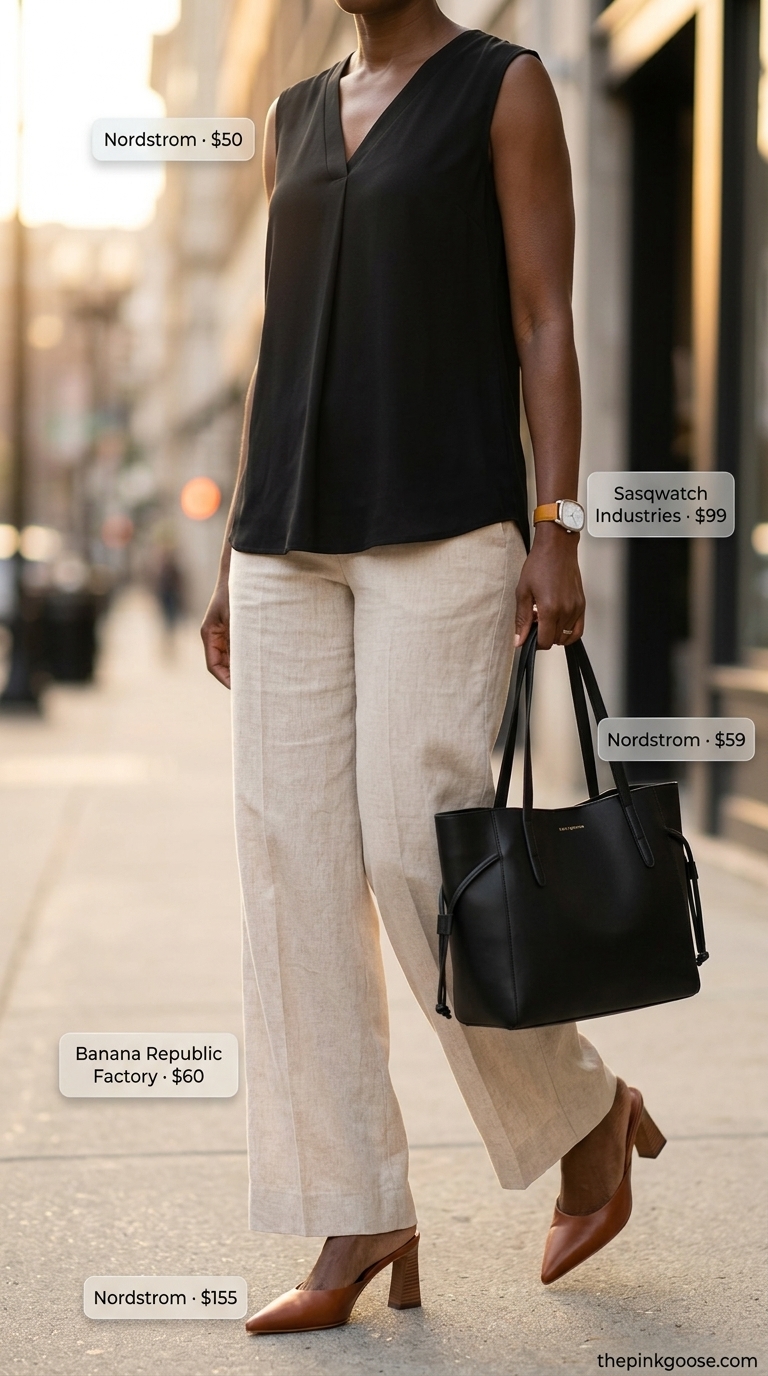 Sophisticated beige linen trousers outfit for black women in 2026. Polished look for smart casual events.