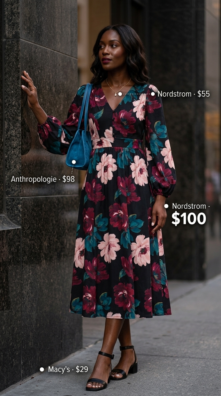 Bold summer outfits for black woman 2026: Elegant midi dress in black with teal & burgundy floral print, paired with teal bag & black sandals.