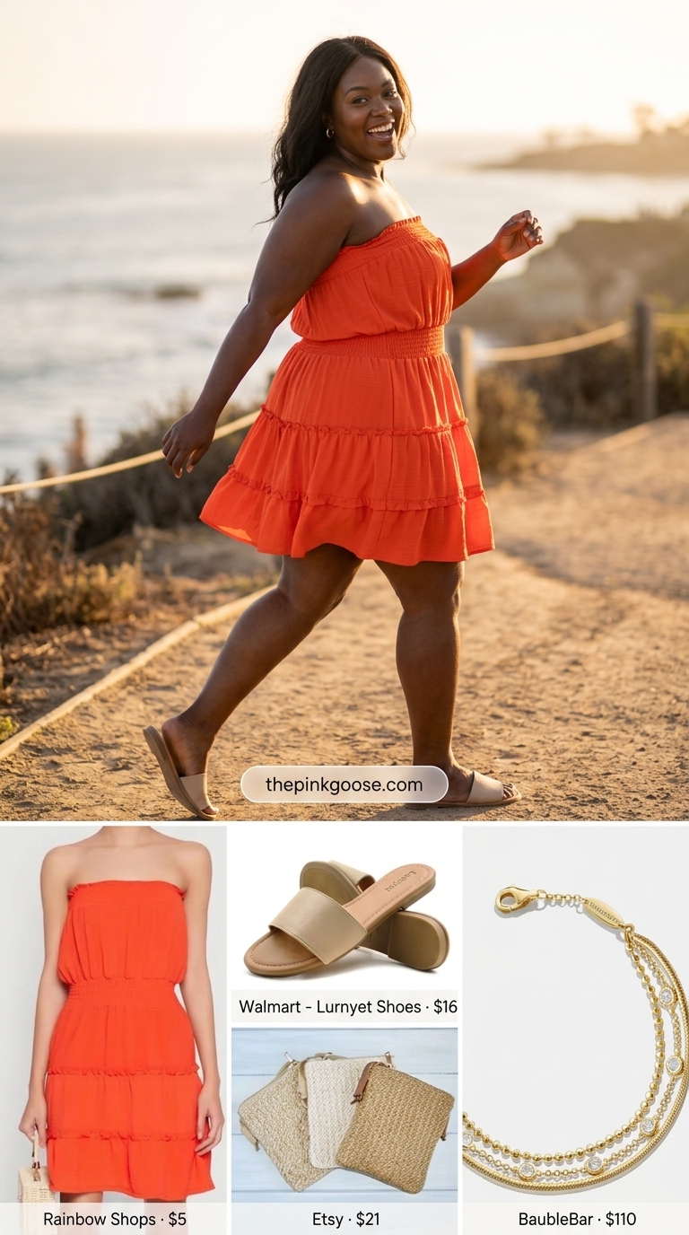Sunset orange mini dress outfit for black women in 2026. Fun and vibrant for summer evenings.