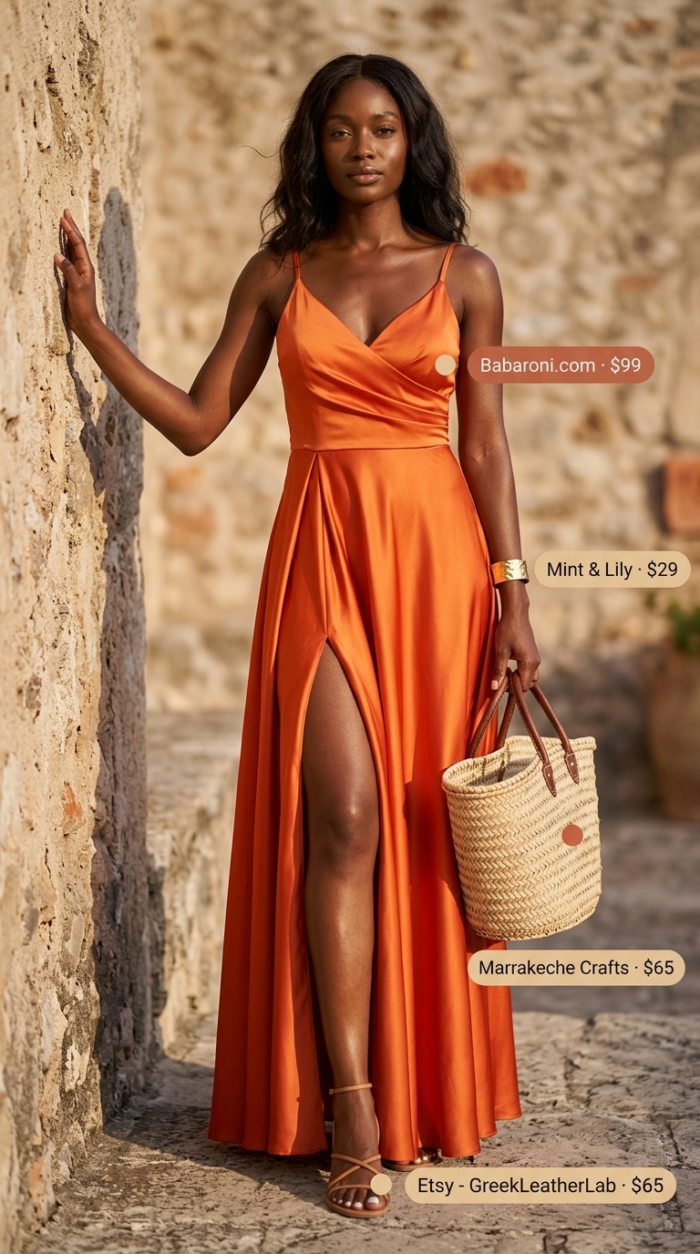 Bold summer outfits for black woman 2026: Glamorous mango orange maxi dress with straw tote and hammered gold cuff.