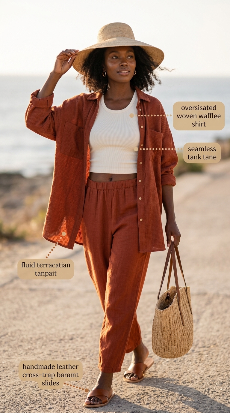 Terracotta linen set for black women in 2026. Relaxed and earthy for beach vacation.