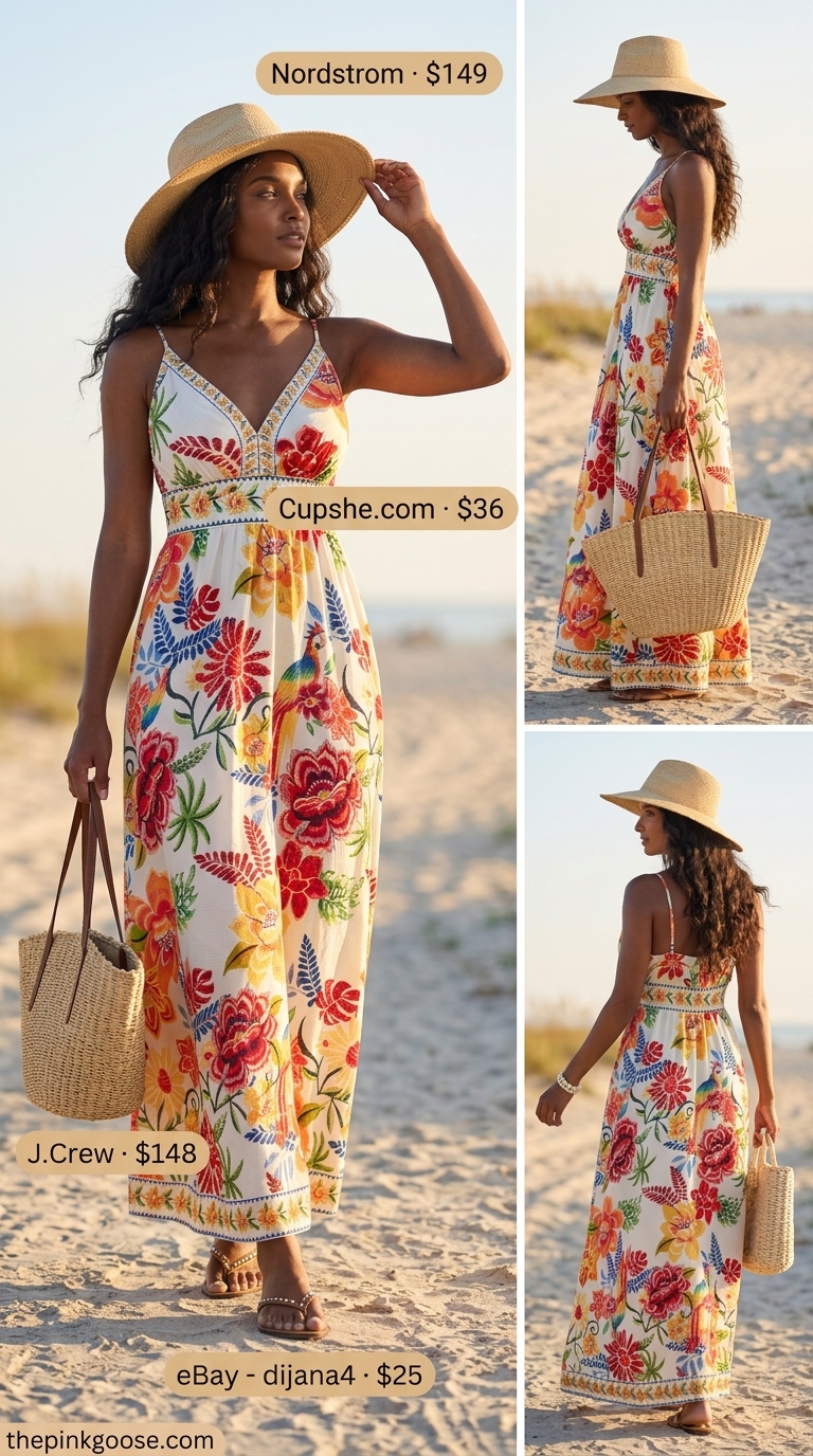 Tropical floral maxi dress for black women in 2026. Glamorous resort wear for beach vacation.
