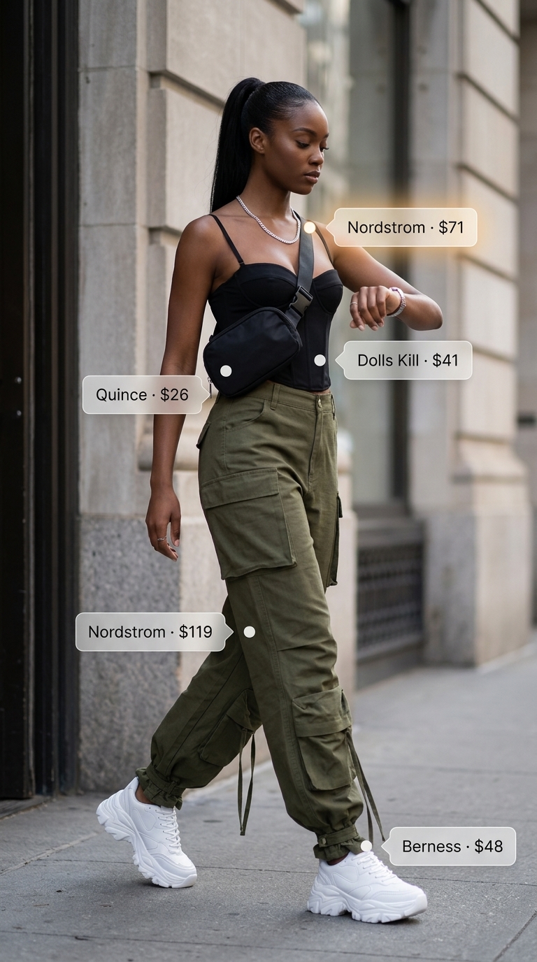 Bold summer outfits for black woman 2026: Edgy olive green cargo pants with black corset top and white platform sneakers.