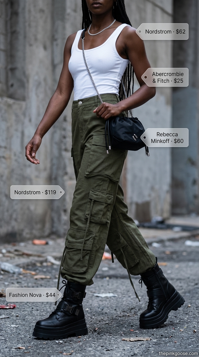 Bold summer outfits for black woman 2026: Edgy olive green cargo pants with white tank, combat boots, and silver chain.