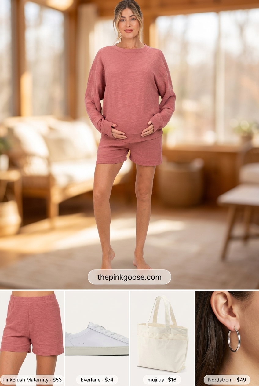 Dusty rose maternity co-ord set for breathable maternity summer outfits 2026. Stylish for lounging.