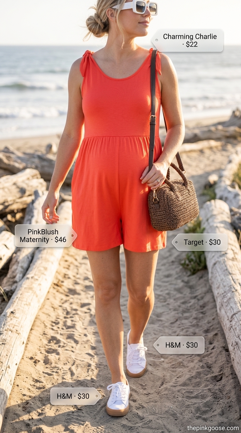 Breathable maternity summer outfits 2026: Coral romper for playful casual outings.