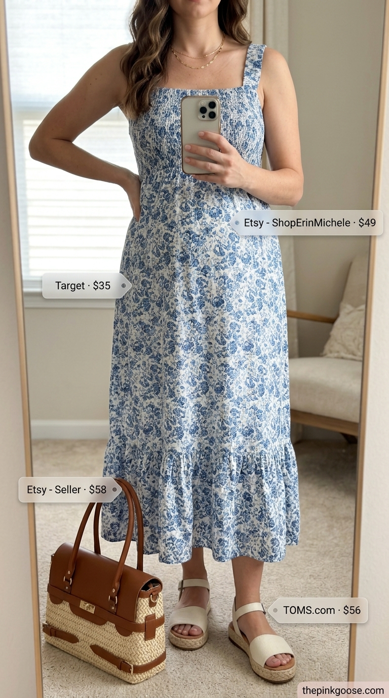 Breathable maternity summer outfits 2026: Floral maxi dress, straw tote, espadrille wedges for brunch.
