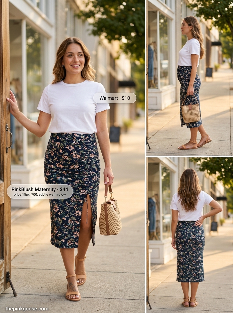 Breathable maternity summer outfits 2026: Navy floral midi skirt with white tee for lunch.