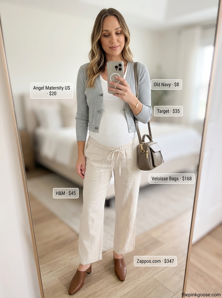 Beige linen maternity pants for breathable maternity summer outfits 2026. Sophisticated for dinner.