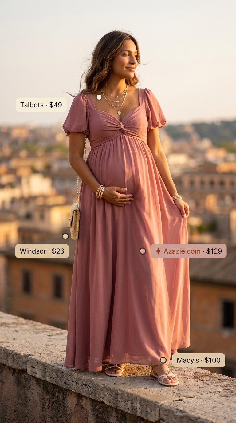 Soft peach chiffon maternity maxi dress for breathable maternity summer outfits 2026. Ethereal for photoshoots.