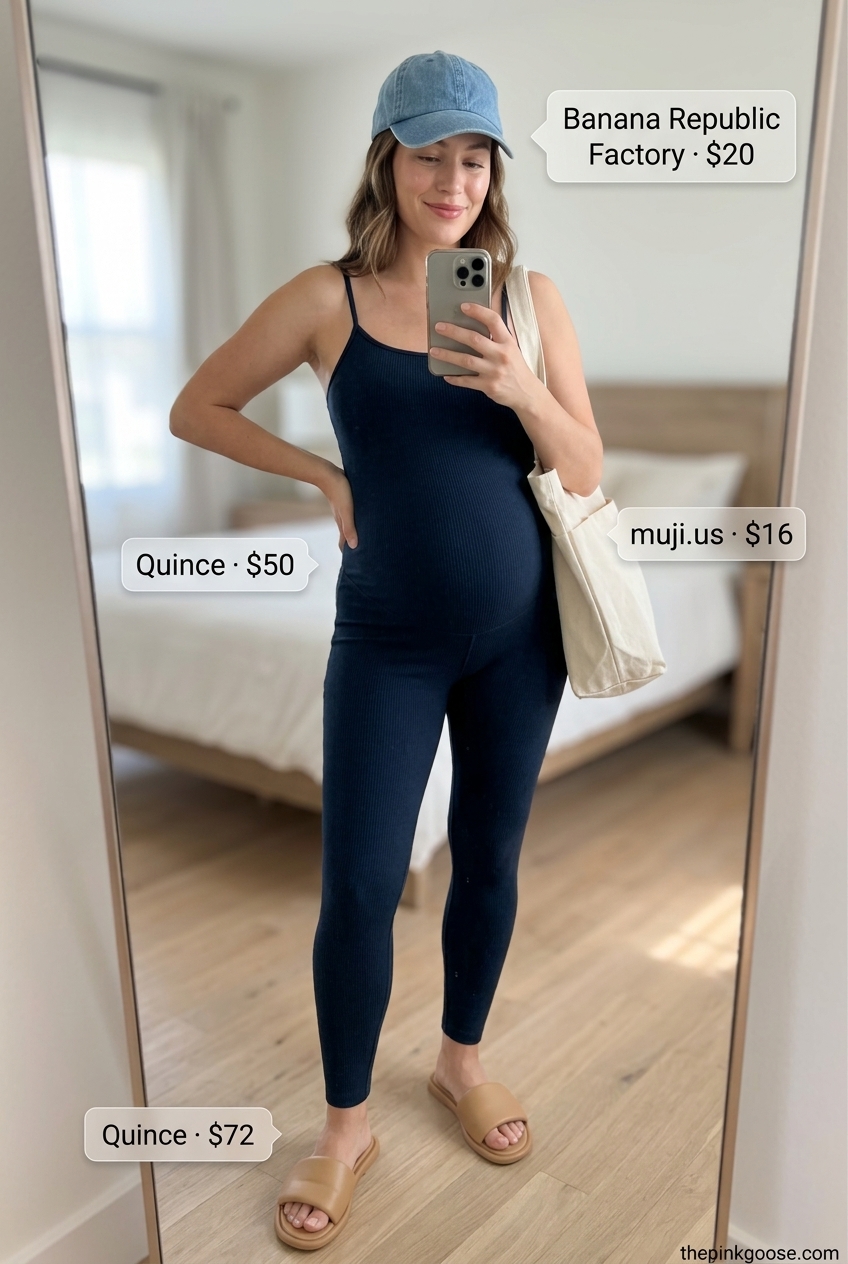 Breathable maternity summer outfits 2026: Navy wide-leg jumpsuit for effortless casual days.