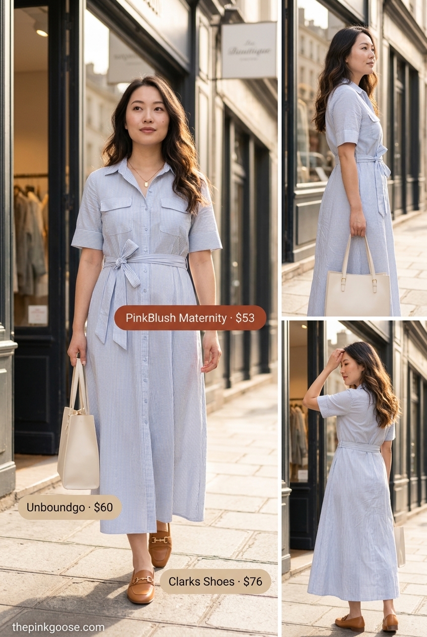 Light blue stripe maternity shirt dress for breathable maternity summer outfits 2026. Classic for daytime.