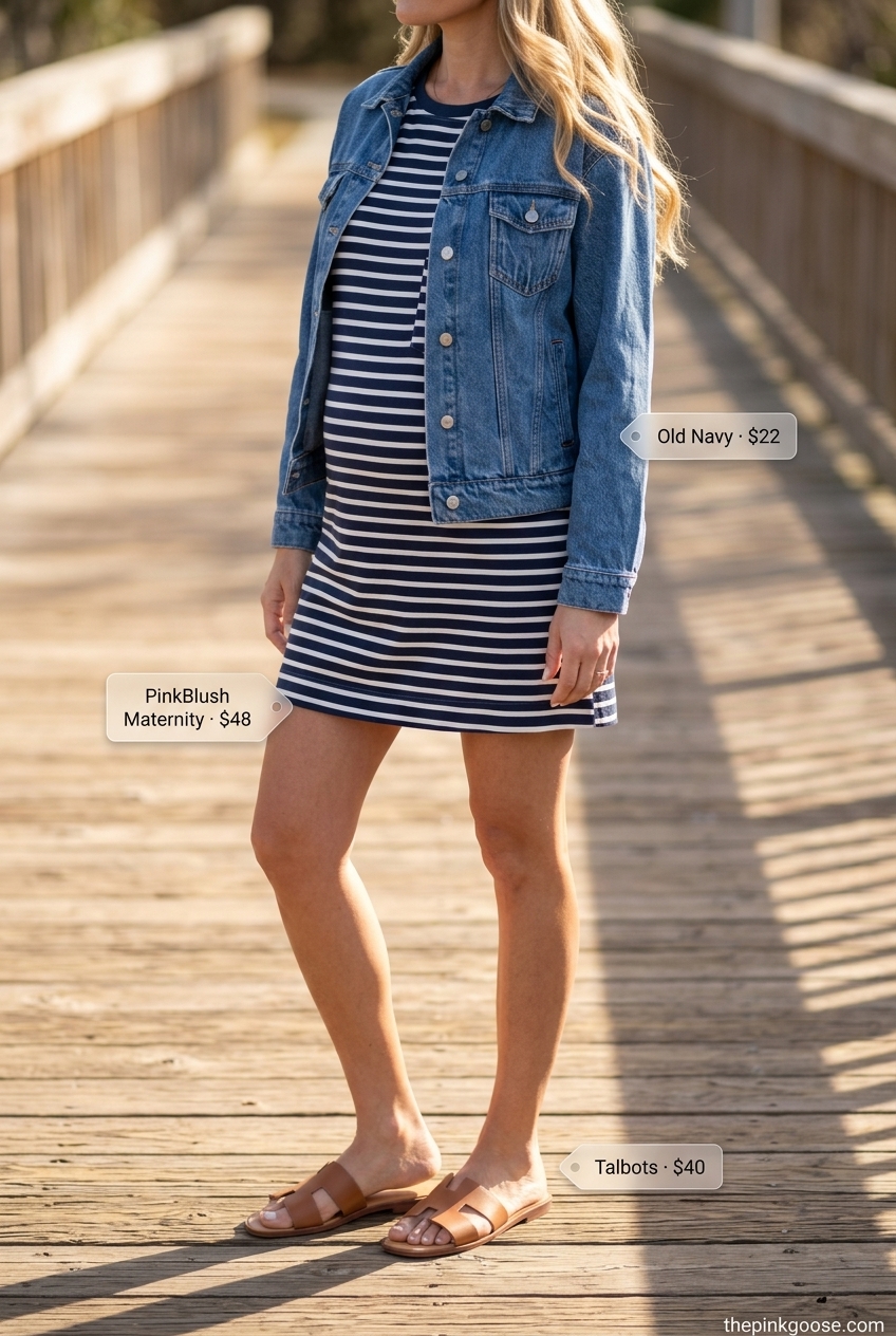 Breathable maternity summer outfits 2026: Navy & white striped t-shirt dress for casual days.