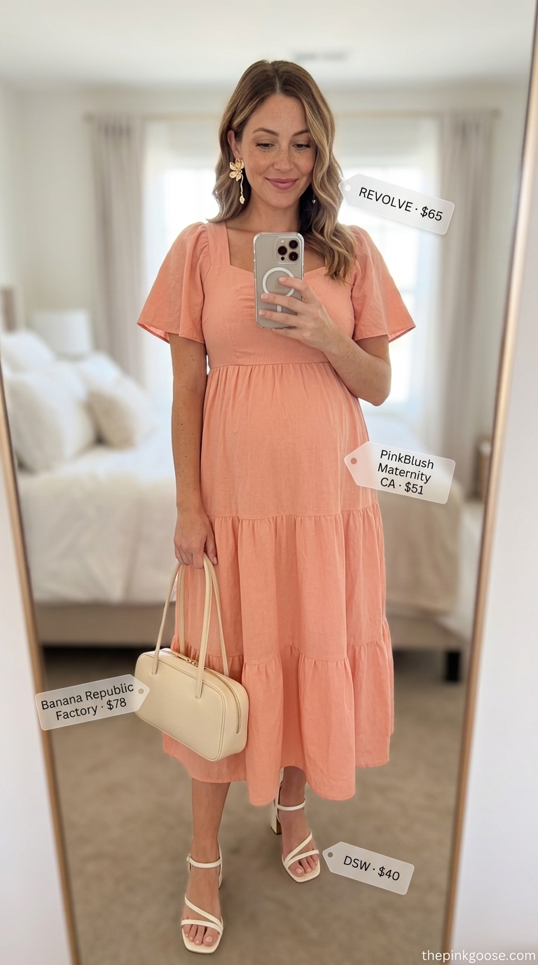 Breathable maternity summer outfits 2026: Soft coral midi dress, block heels for summer party.