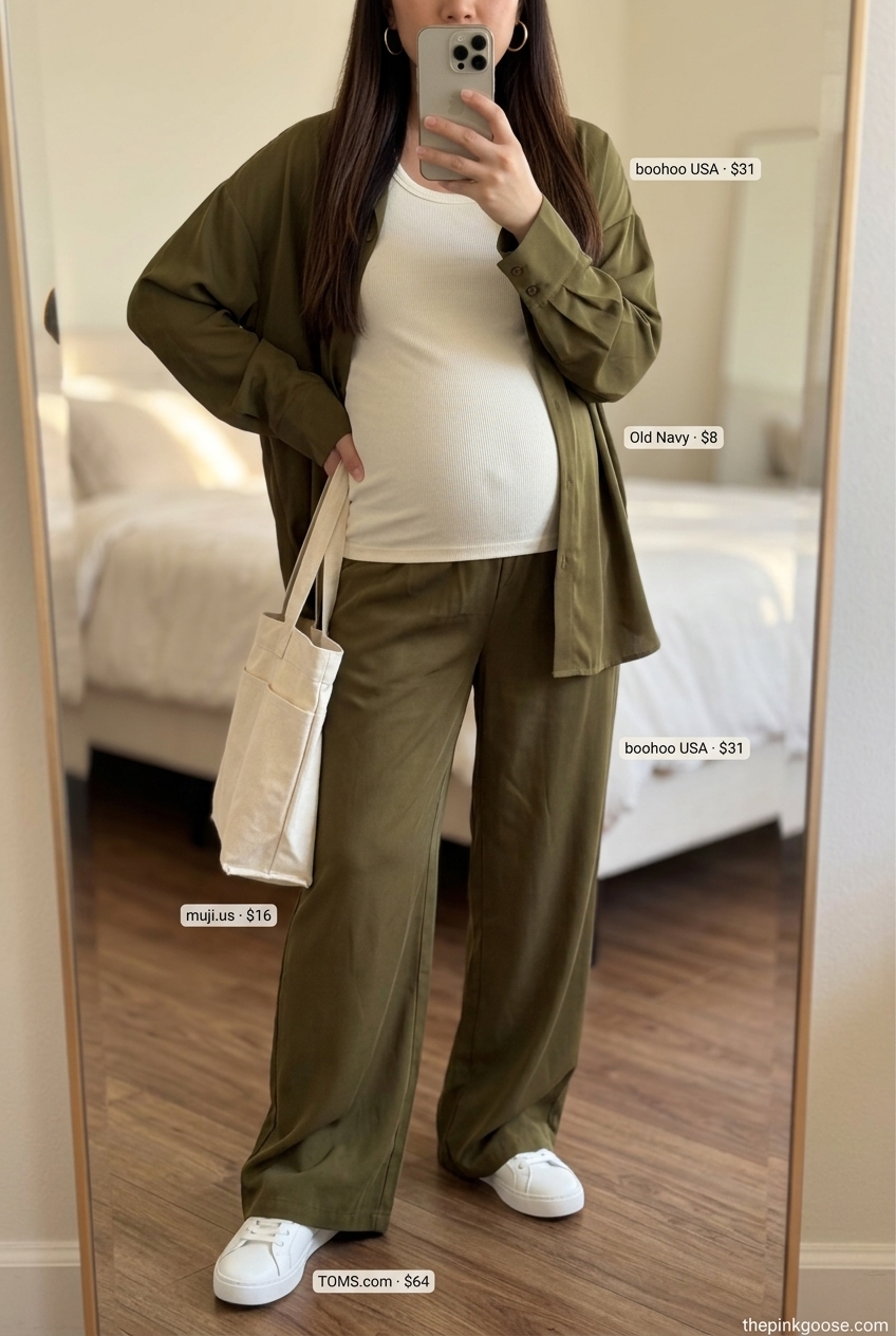 Breathable maternity summer outfits 2026: Olive green two-piece set, white sneakers for casual day out.