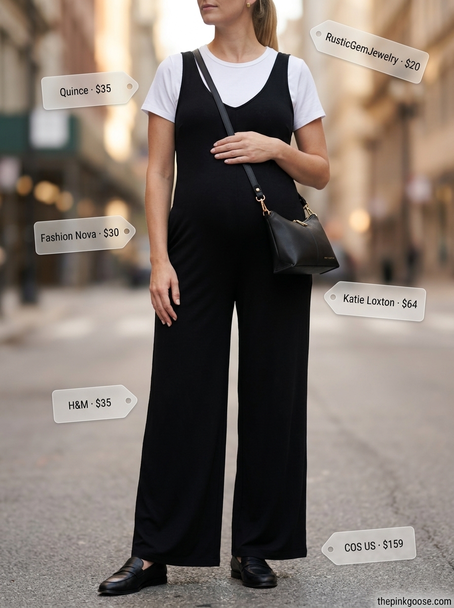 Breathable maternity summer outfits 2026: White tee & black palazzo pants for a chic casual day out.