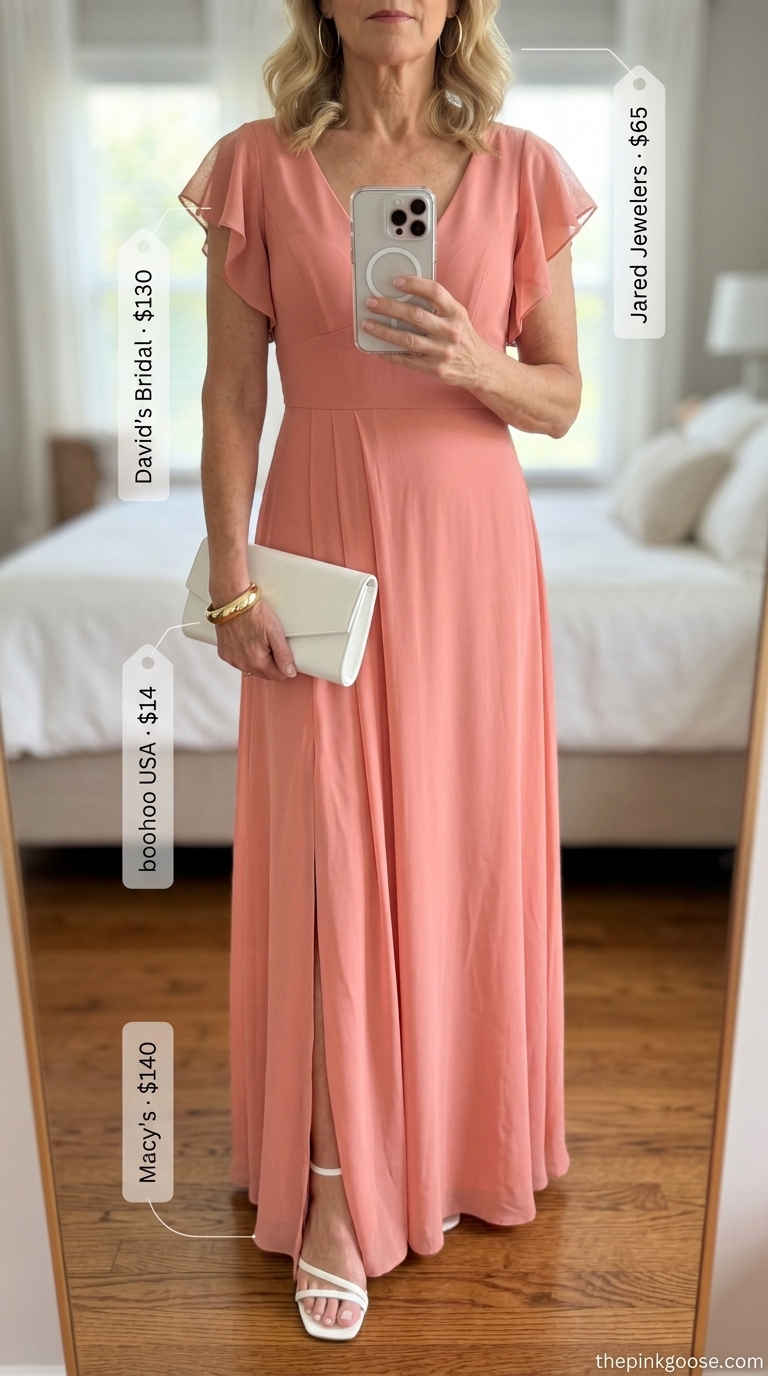 Breezy summer outfit for women over 60 2026: Coral maxi dress, gold hoops, white clutch & strappy heels.