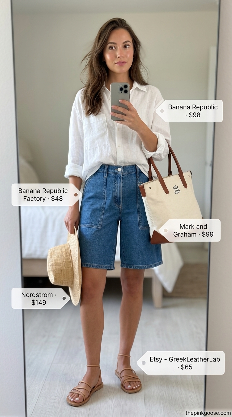 Breezy summer outfit for women over 60 2026: Denim shorts, white linen shirt, straw hat, leather sandals & tote.