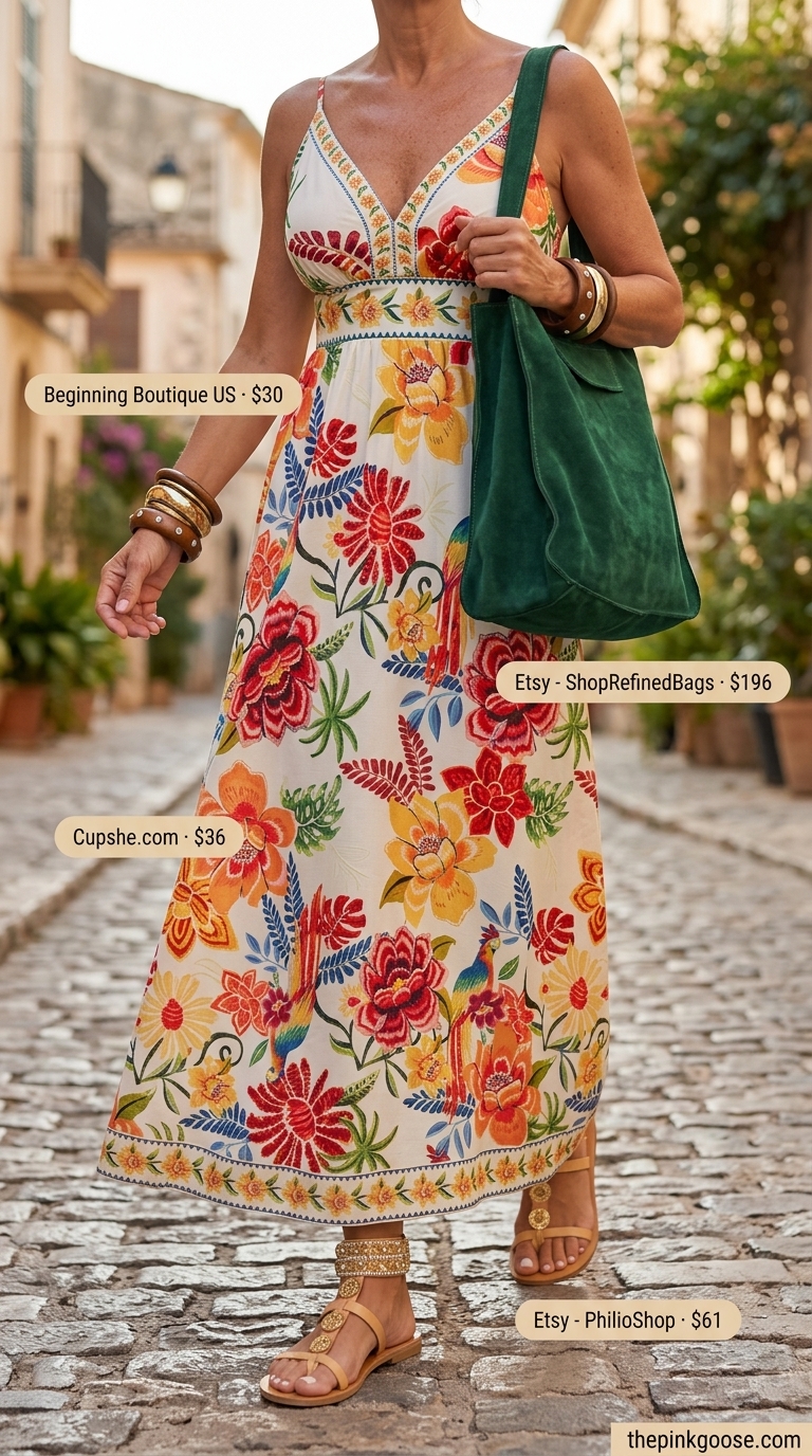 Breezy summer outfit for women over 60 2026: Coral floral maxi dress, embellished sandals, bangles & slouchy bag.