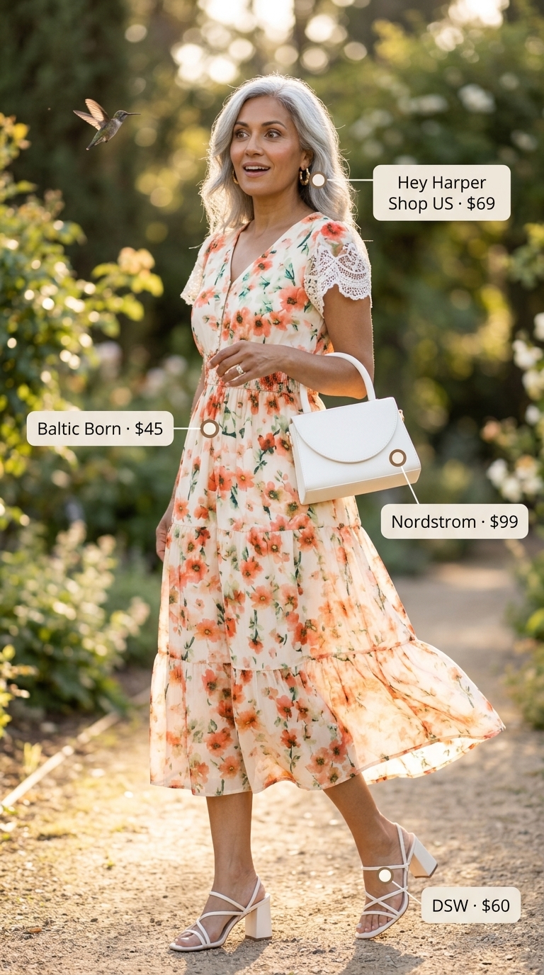 Feminine breezy summer outfit for women over 60 2026: Floral midi dress, white block heels, gold hoops.