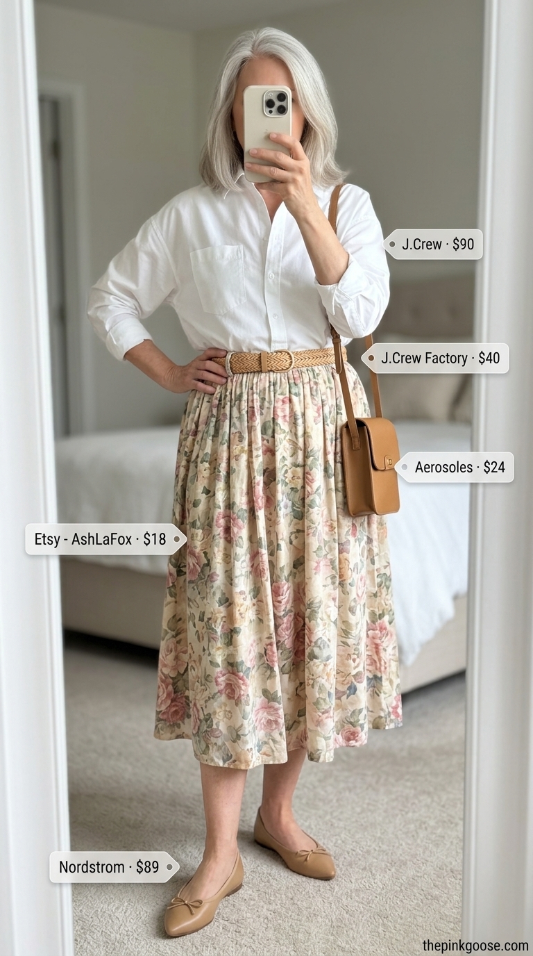 Breezy summer outfit for women over 60 2026: Pastel floral skirt, white shirt, ballet flats, belt & crossbody bag.