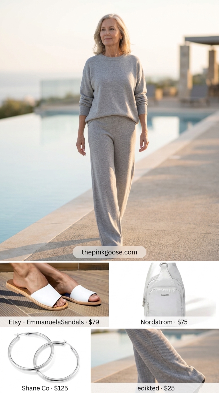 Breezy summer outfit for women over 60 2026: Grey knit set, leather slides, hoop earrings & belt bag.
