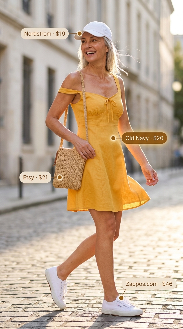 Playful breezy summer outfit for women over 60 2026: Lemon yellow sundress, white cap, straw bag, white sneakers.