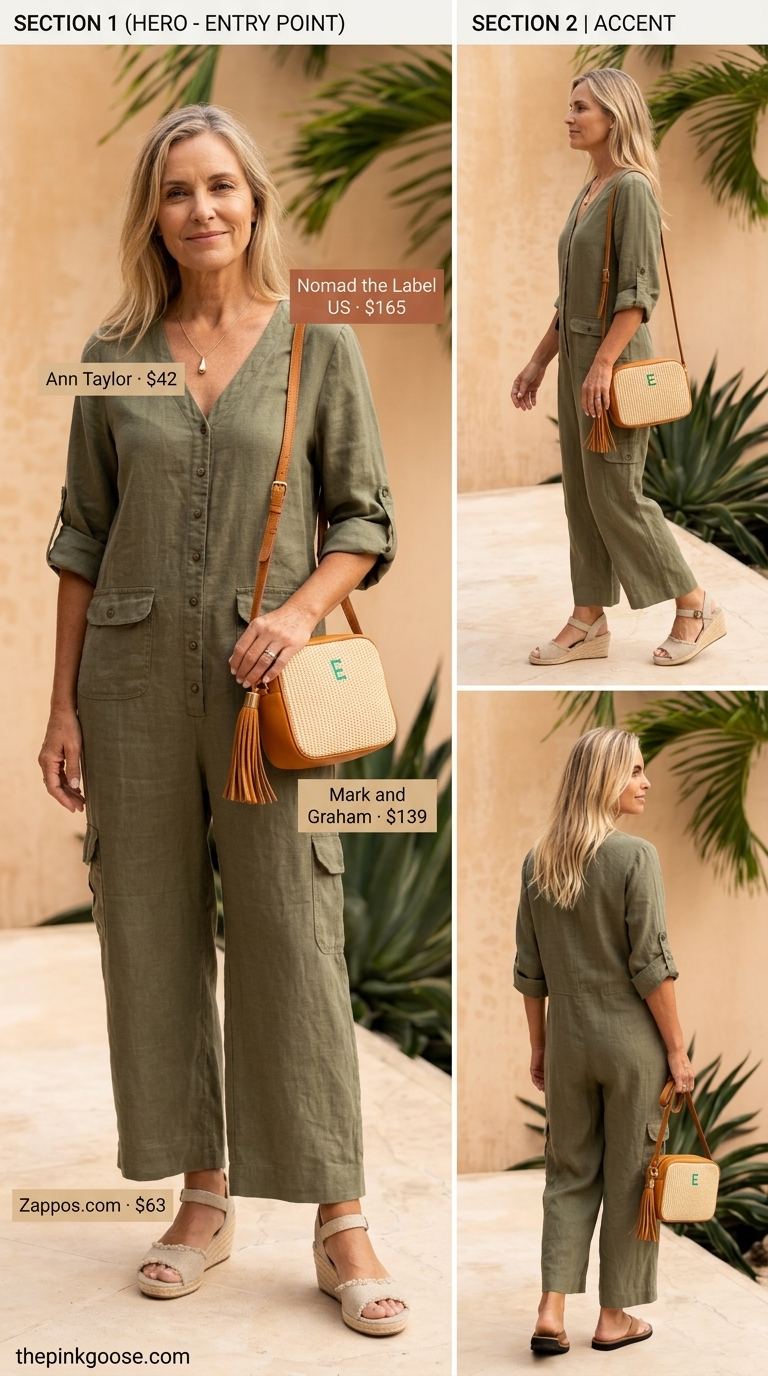 Olive green linen jumpsuit, cream espadrilles, and gold necklace for a breezy summer outfit for women over 60 2026.