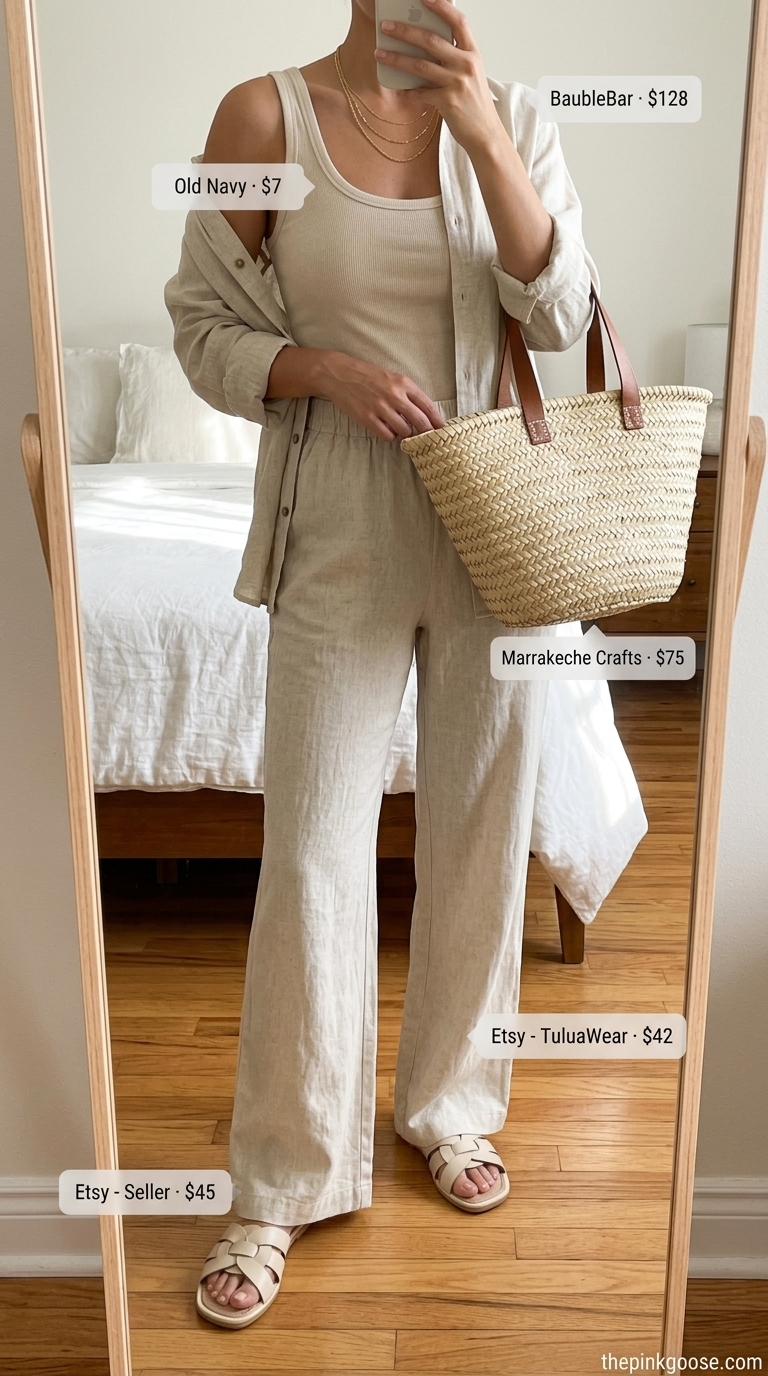 Breezy summer outfit for women over 60 2026: Ecru linen set, tank top, leather slides, straw tote & gold necklaces.