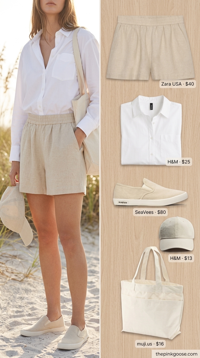 Light beige linen shorts, white oversized shirt, and canvas tote for a breezy summer outfit for women over 60 2026.