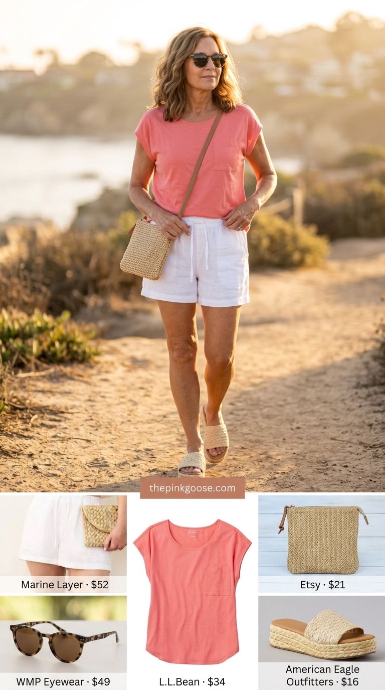Breezy summer outfit for women over 60 2026: White linen shorts, coral tee, espadrilles, straw bag & sunglasses.
