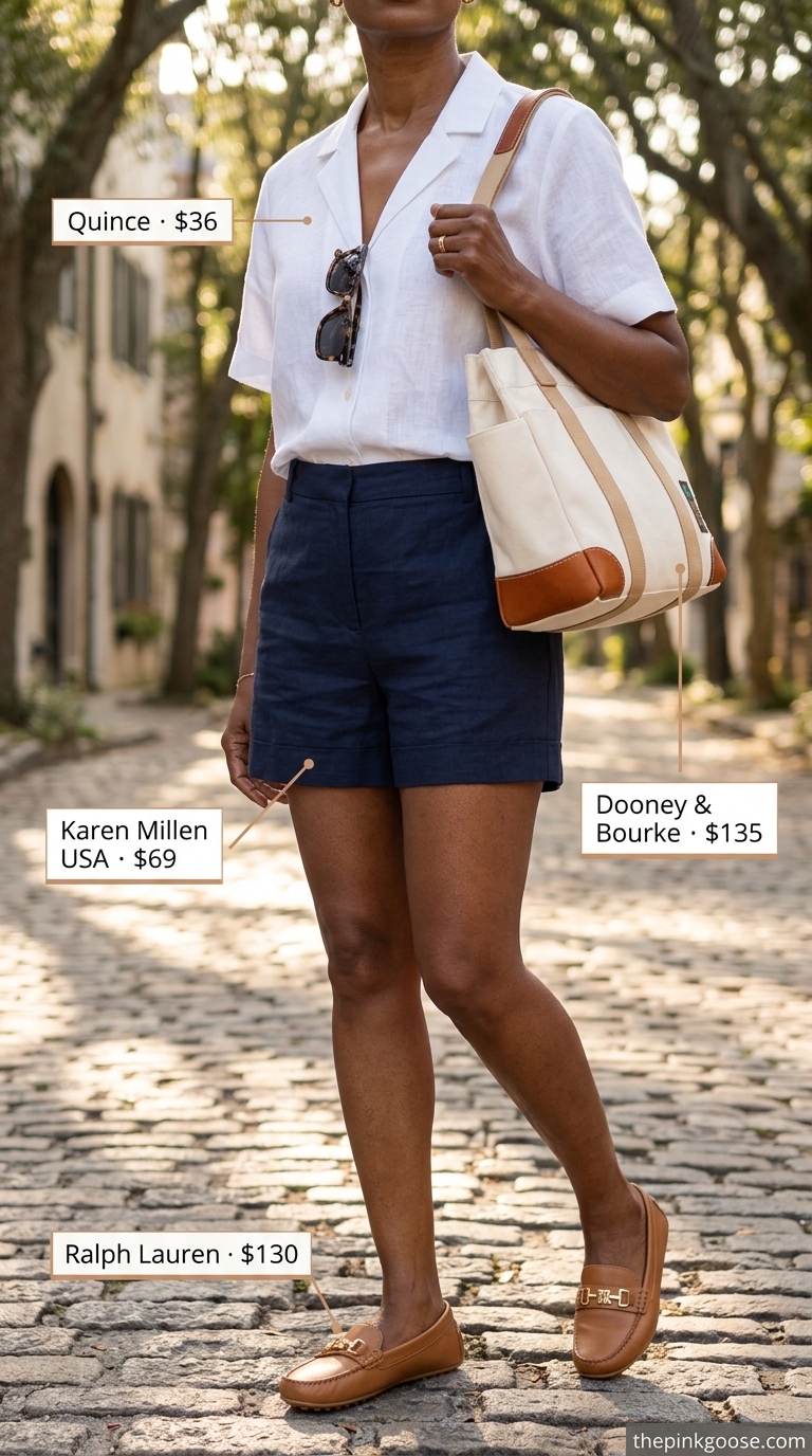 Navy linen shorts, white button-down shirt, and tan loafers for a breezy summer outfit for women over 60 2026.