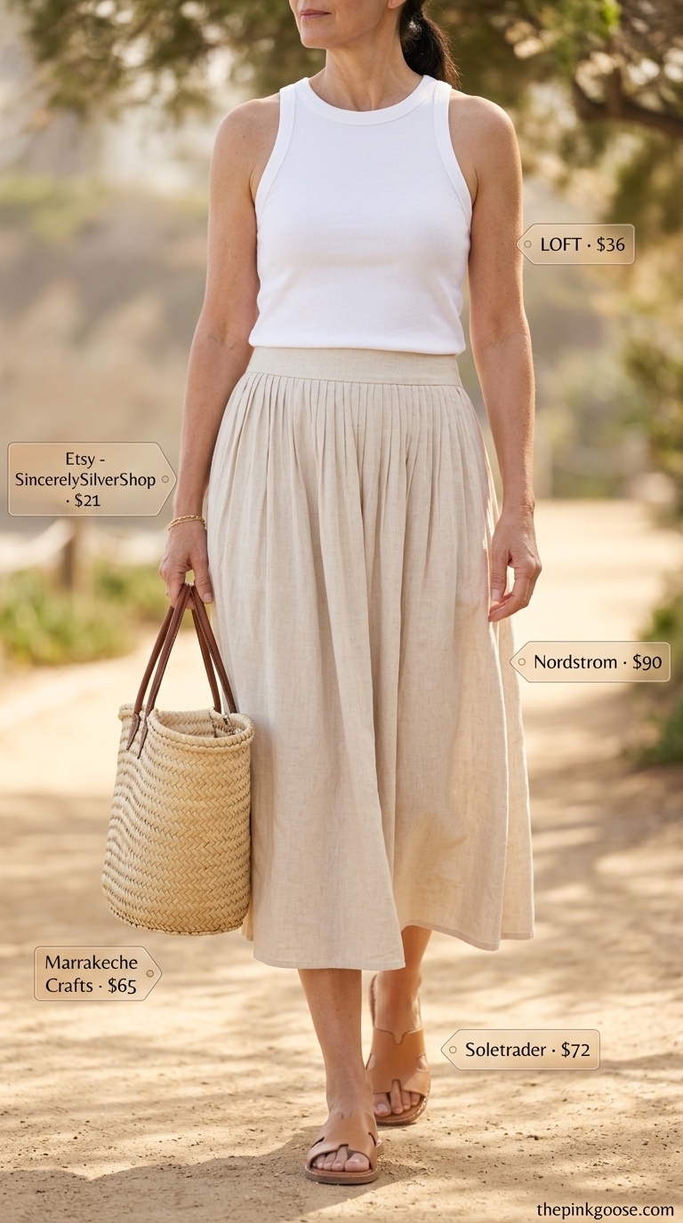 Breezy summer outfit for women over 60 2026: Beige linen midi skirt, tank top, leather sandals, straw tote & bracelet.