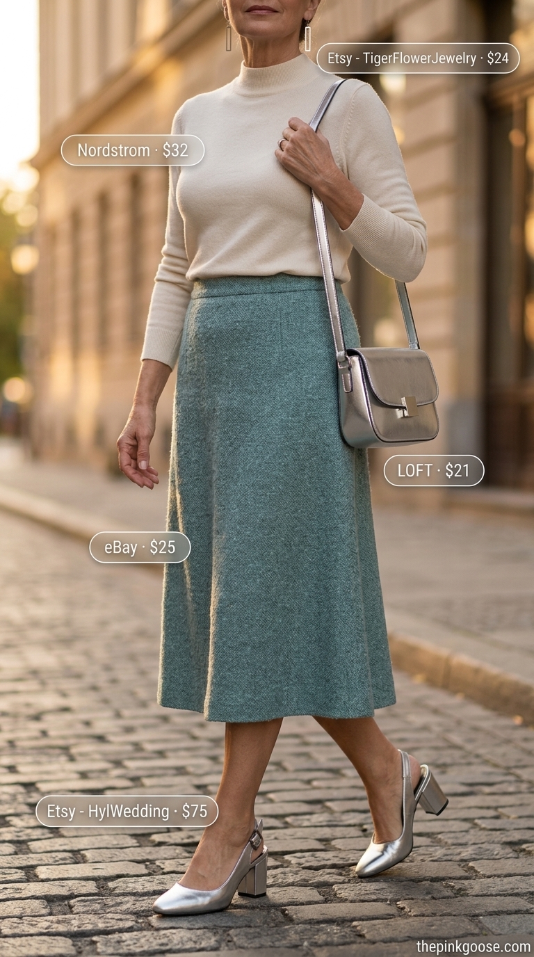 Chic breezy summer outfit for women over 60 2026: Muted teal textured midi skirt, cream knit top, silver slingbacks.