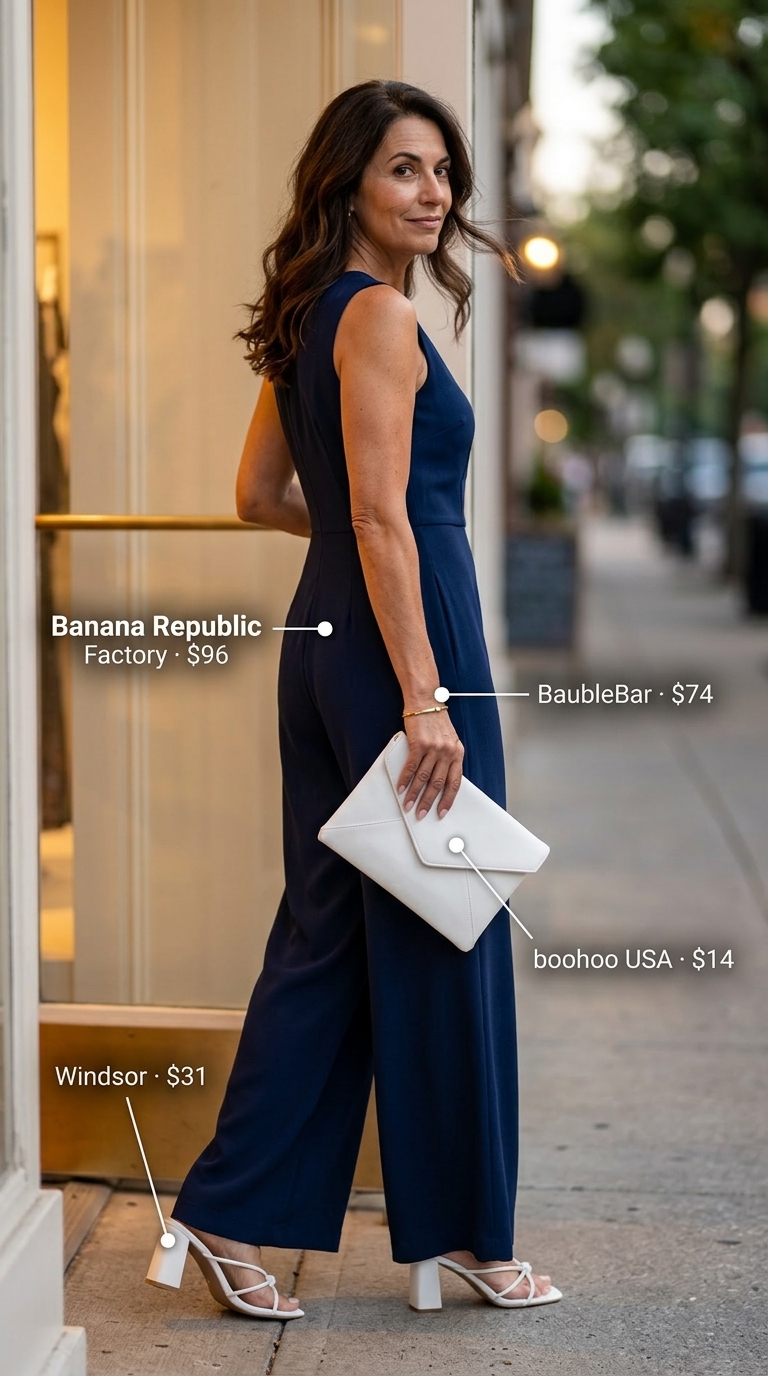 Polished breezy summer outfit for women over 60 2026: Navy wide-leg jumpsuit, white block heels, gold cuff.