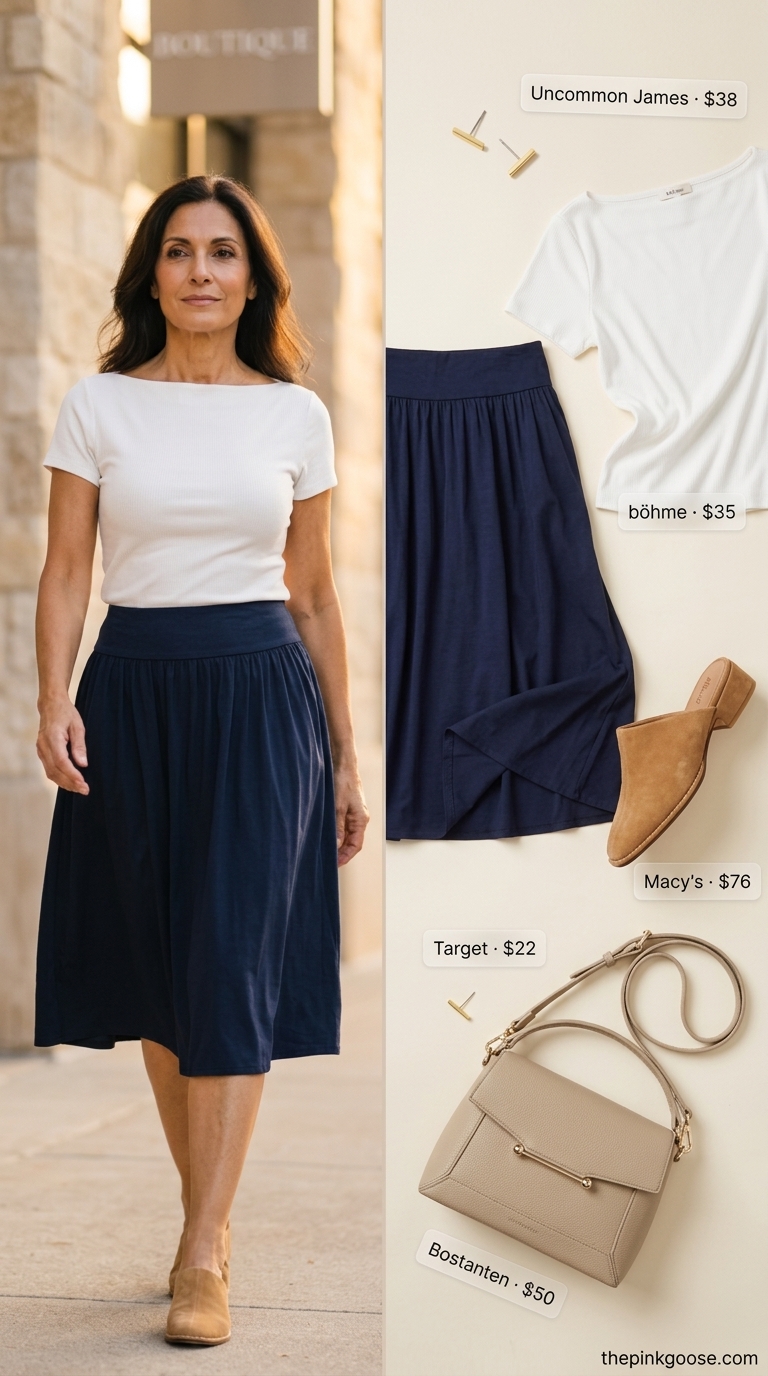 Breezy summer outfit for women over 60 2026: Navy midi skirt, cream knit blouse, block mules, crossbody bag & gold studs.