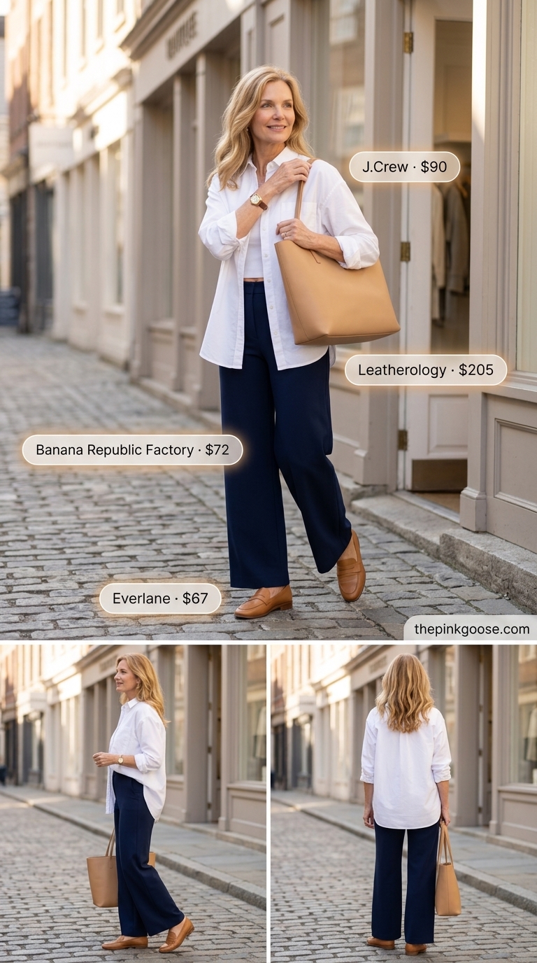 Navy wide-leg trousers, white shirt, and camel loafers for a breezy summer outfit for women over 60 2026.
