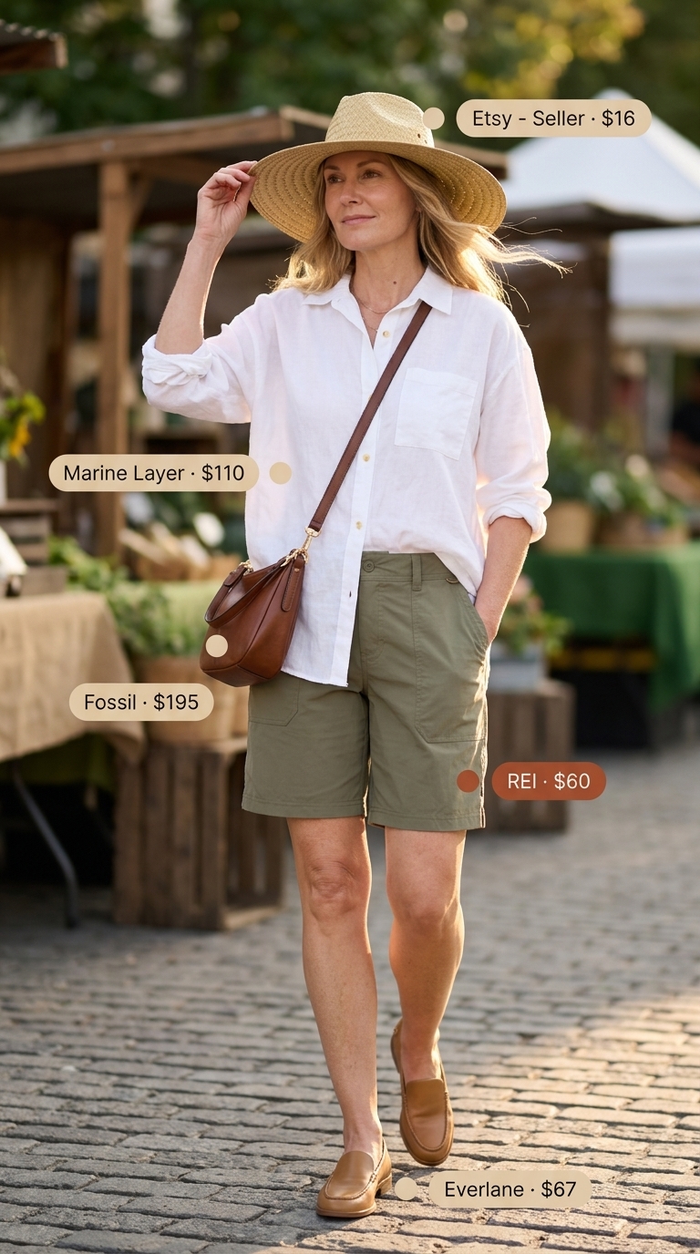 Comfortable breezy summer outfit for women over 60 2026: Olive Bermuda shorts, linen shirt, loafers, straw hat.