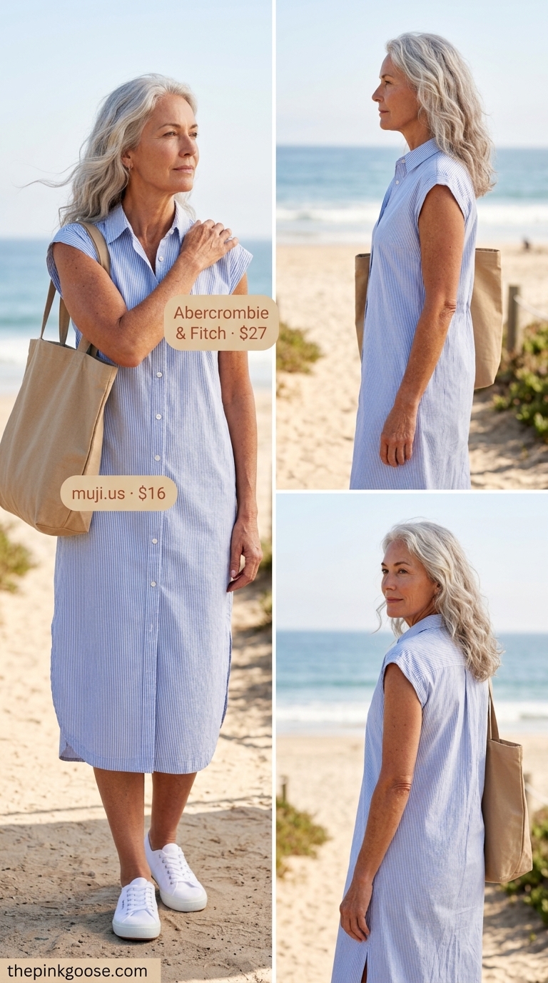 Casual breezy summer outfit for women over 60 2026: Light blue striped oversized shirt dress, white sneakers, tan tote.